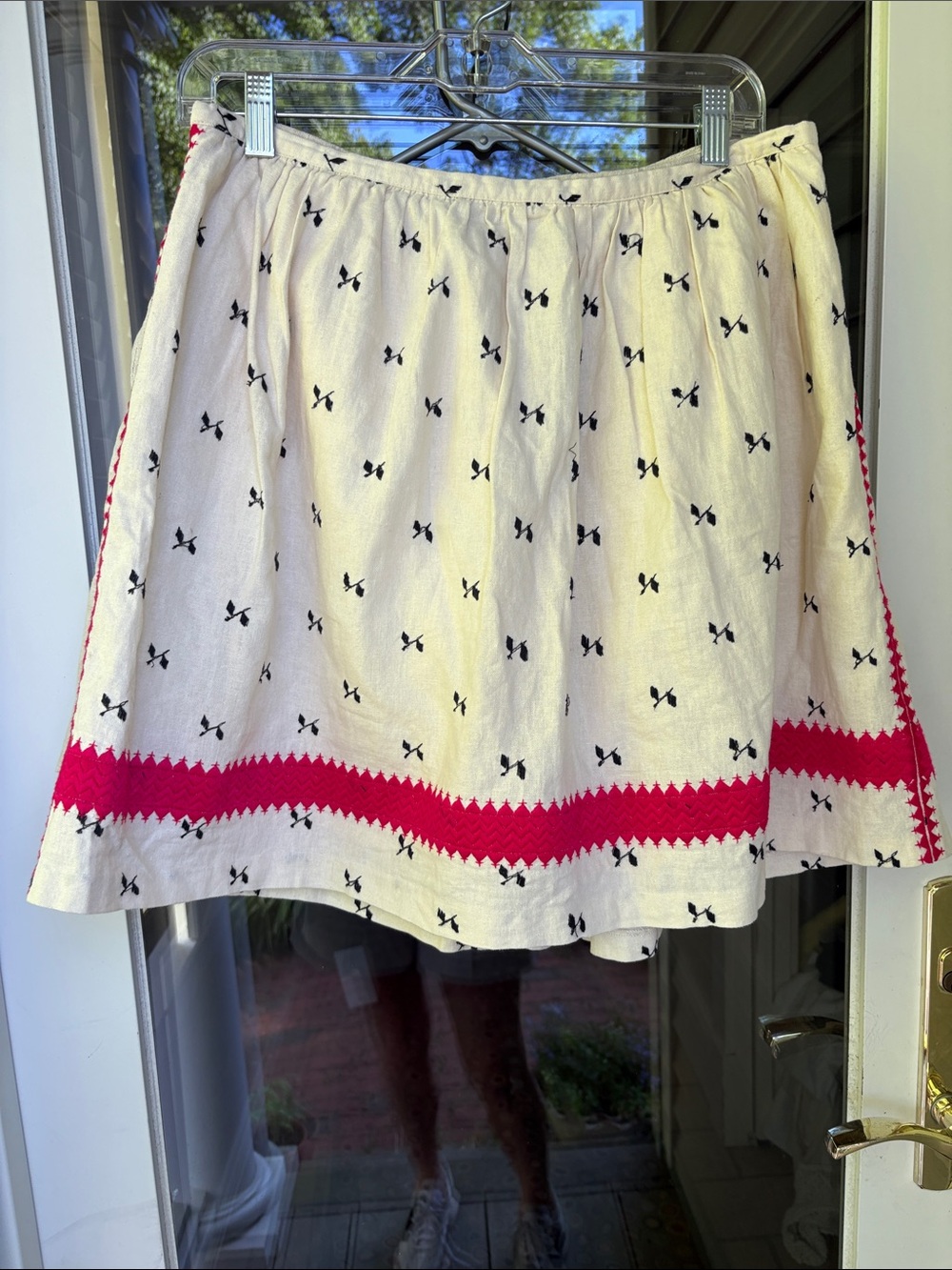 Madewell Cream Skirt with Black Bow Print and Pink Zigzag Trim